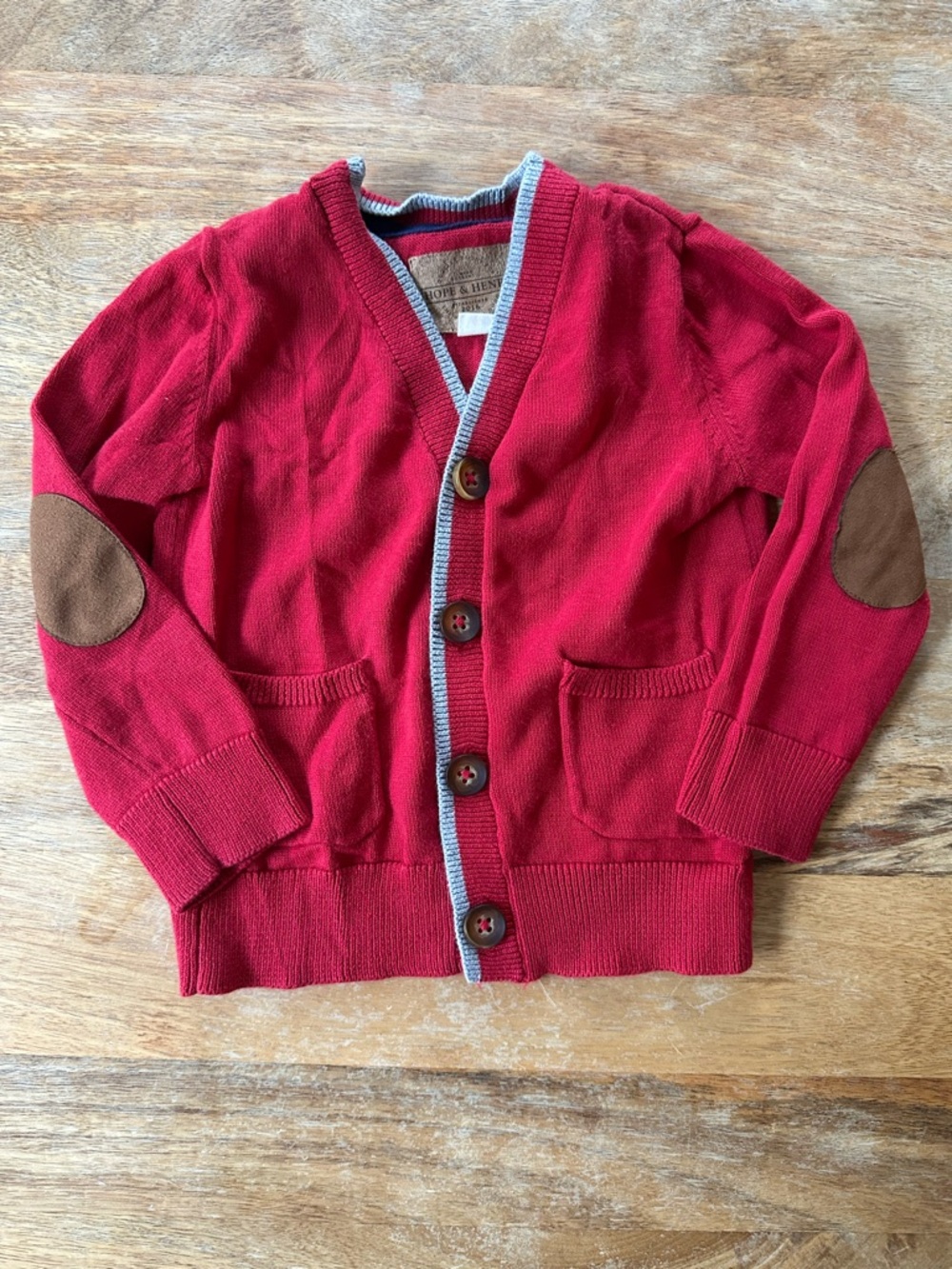Hope & Henry - Red cardigan with gray trim and suede elbow pads, 18-24 months